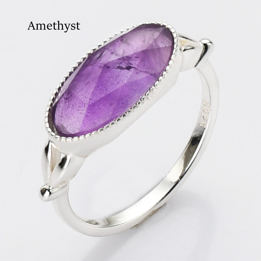 Silver Plated Oval Birthstone Ring Gemstone Faceted Ring, Healing Boho Crystal Jewlery Ring ZS0509