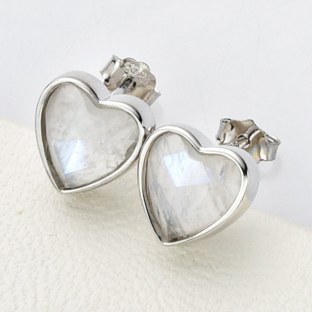 silver moonstone heart stud earrings, S925 Sterling Silver Bezel Moonstone Heart Stud Earrings, Faceted Gemstone Crystal Earring, Birthstone Jewelry SS261