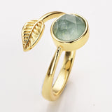 Gold Plated Leaf Round Gemstone Faceted Adjustable Rings, Natural Crystals Rings ZG0533