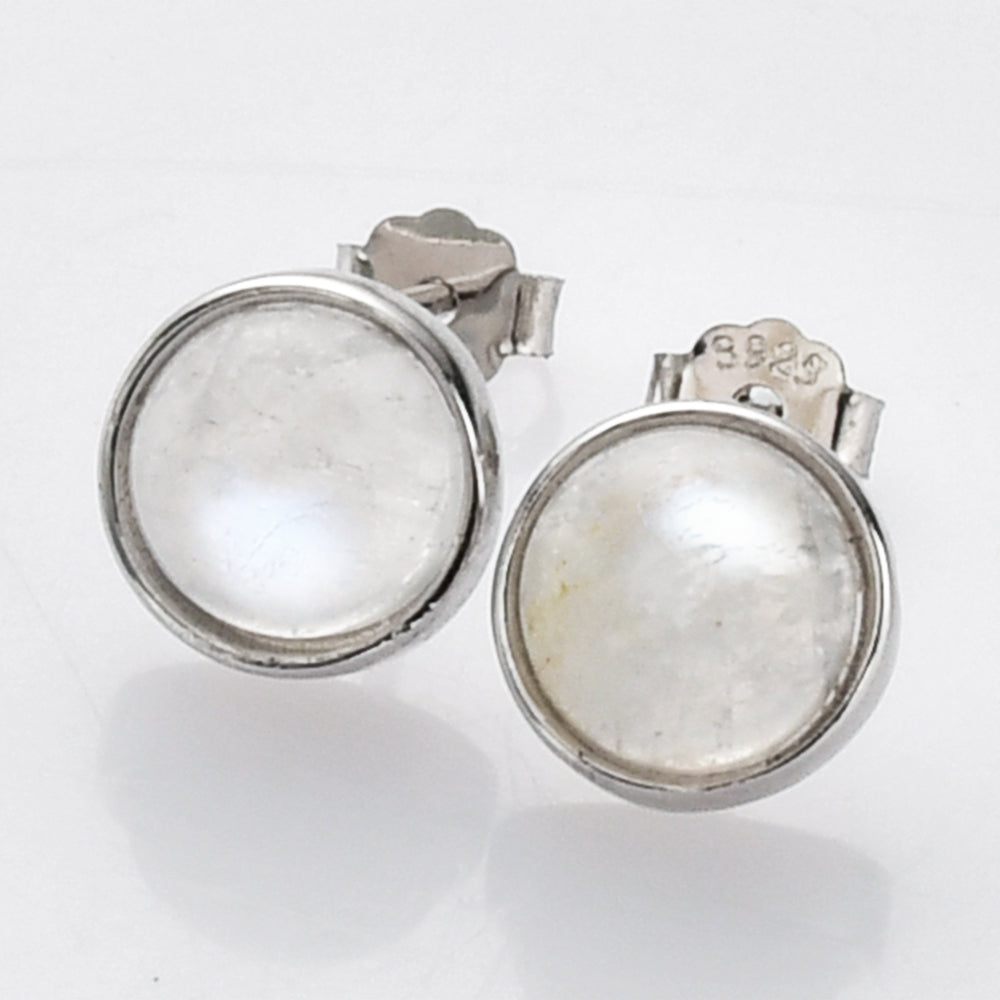 silver moonstone stud earrings, round gemstone post earrings, birthstone earrings, healing stone earrings, boho jewelry