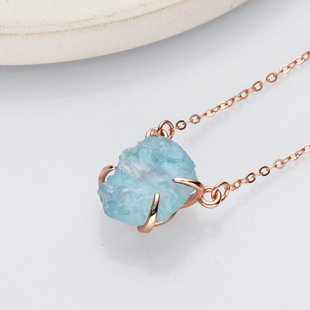 raw aquamarine necklace, rose gold sterling silver necklace, birthstone necklace, healing gemstone necklace, crystal quartz jewelry, gift for women