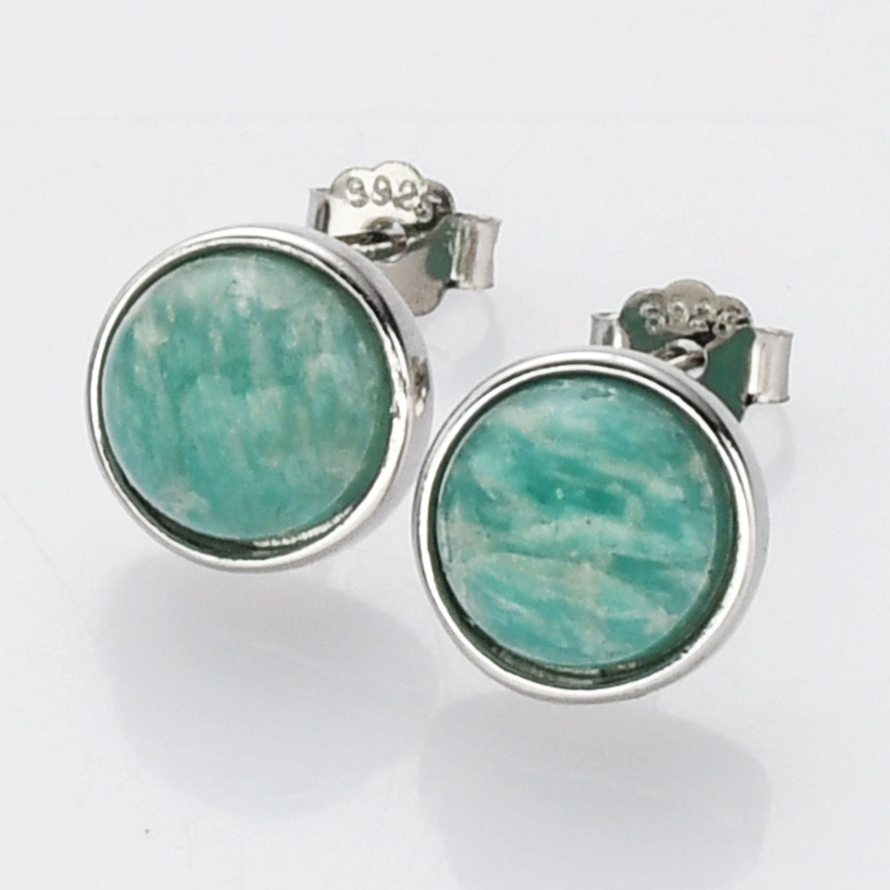 silver amazonite stud earrings, round gemstone post earrings, birthstone earrings, healing stone earrings, boho jewelry