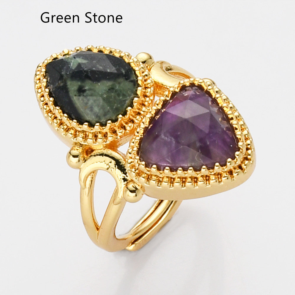 Gold Triangle Amethyst & Teardrop Gemstone Ring, Faceted Stone Ring, Adjustable, Unique Jewelry WX2231