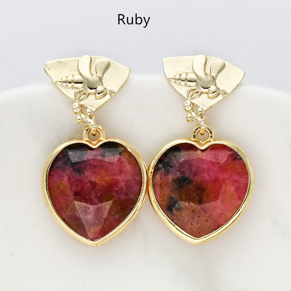 Ruby Gemstone Heart Earrings, Gold Bee Studs, Faceted, Birthstone Earring, Healing Crystal Quartz Earring, Fashion Jewelry For Women