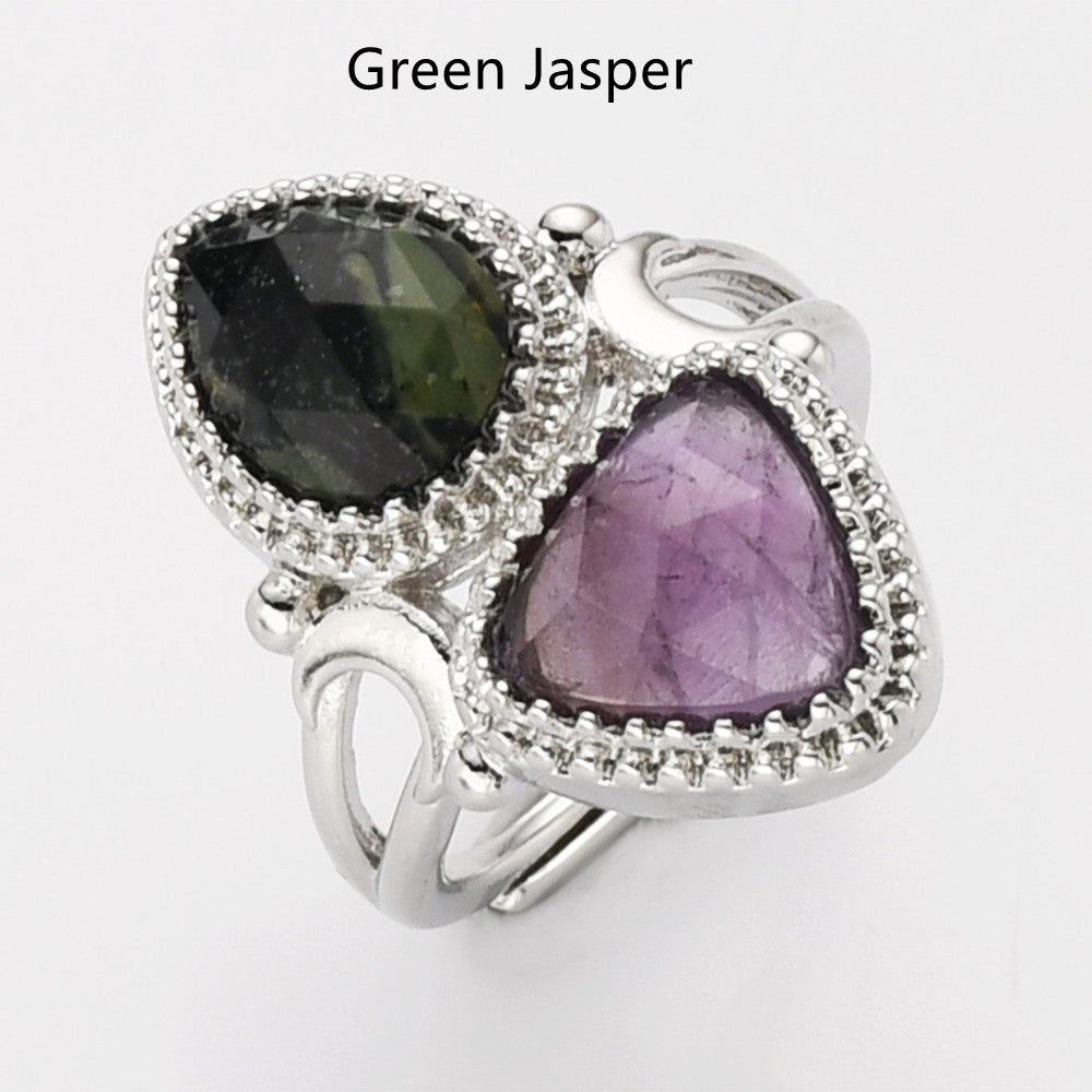Green Jasper Ring, Unique Triangle Amethyst & Teardrop Gemstone Ring, Silver Plated, Faceted Stone Ring, Adjustable, Crystal Jewelry WX2234