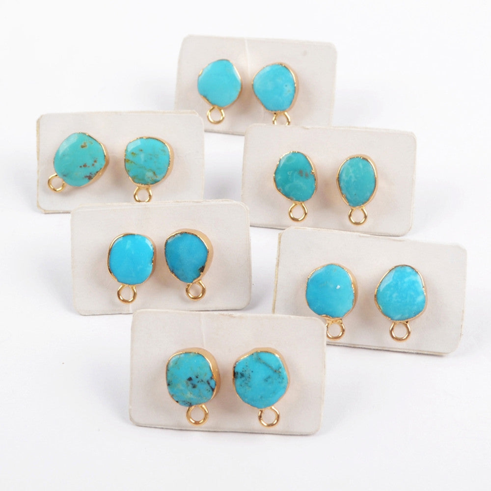 Gold Plated Natural Turquoise Gemstone Stud Earrings With Loop For Dangle Jewelry Making G1709
