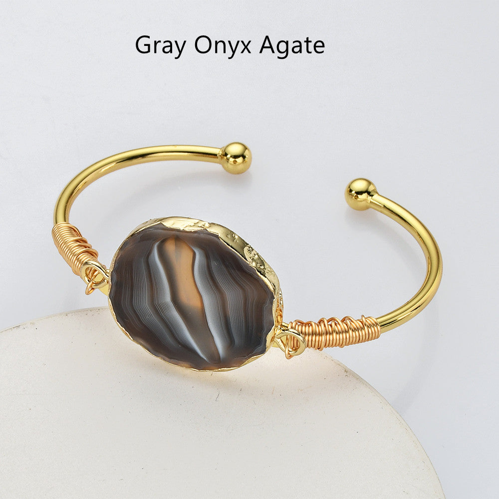 Gold Multi Gemstone Bracelet, Solar Quartz, Agate Druzy Slice Bangle Cuff, Handmade Boho Jewlery WX2237