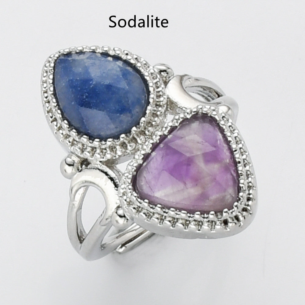 Sodalite Ring, Unique Triangle Amethyst & Teardrop Gemstone Ring, Silver Plated, Faceted Stone Ring, Adjustable, Crystal Jewelry WX2234