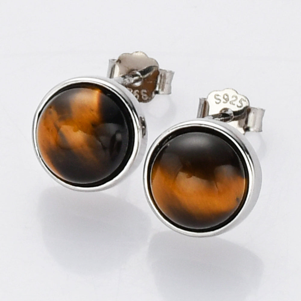 silver tiger's eye stud earrings, round gemstone post earrings, birthstone earrings, healing stone earrings, boho jewelry