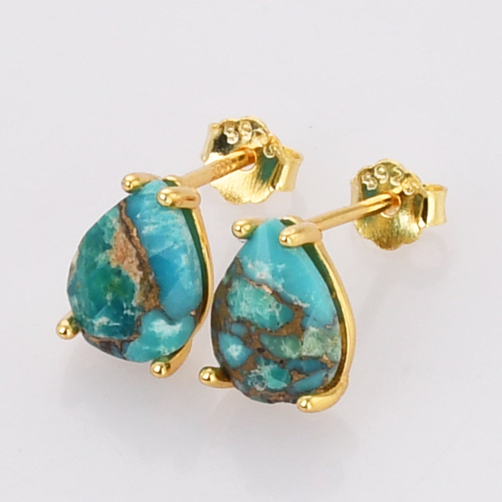 Gold Claw Teardrop Copper Turquoise Stud Earrings, Faceted Gemstone Crystal Post Earring, Birthstone Jewelry SS247-1