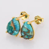 Tiny Gold Claw Teardrop Aquamarine Stud Earrings, Faceted Gemstone Crystal Post Earring, Birthstone Jewelry SS328-G