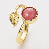 Gold Plated Leaf Round Gemstone Faceted Adjustable Rings, Natural Crystals Rings ZG0533