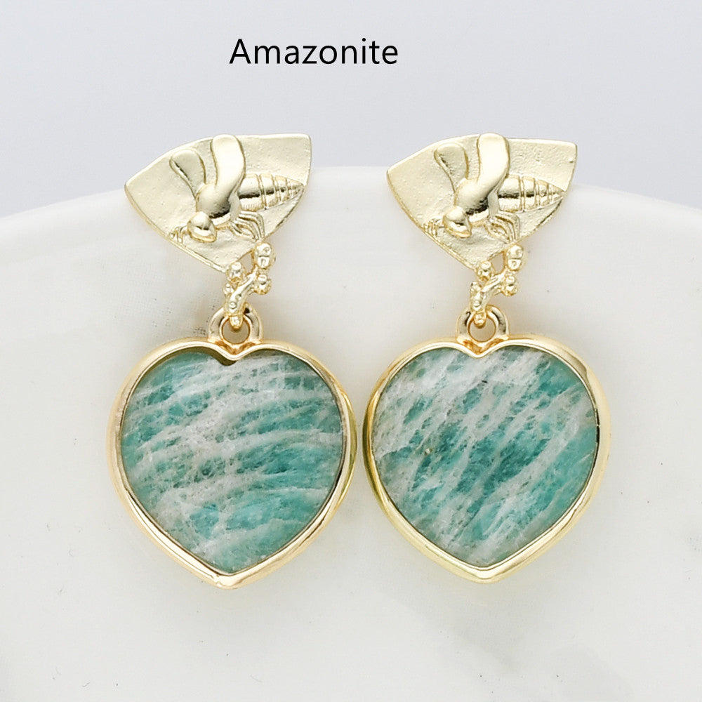 Amazonite Gemstone Heart Earrings, Gold Bee Studs, Faceted, Birthstone Earring, Healing Crystal Quartz Earring, Fashion Jewelry For Women