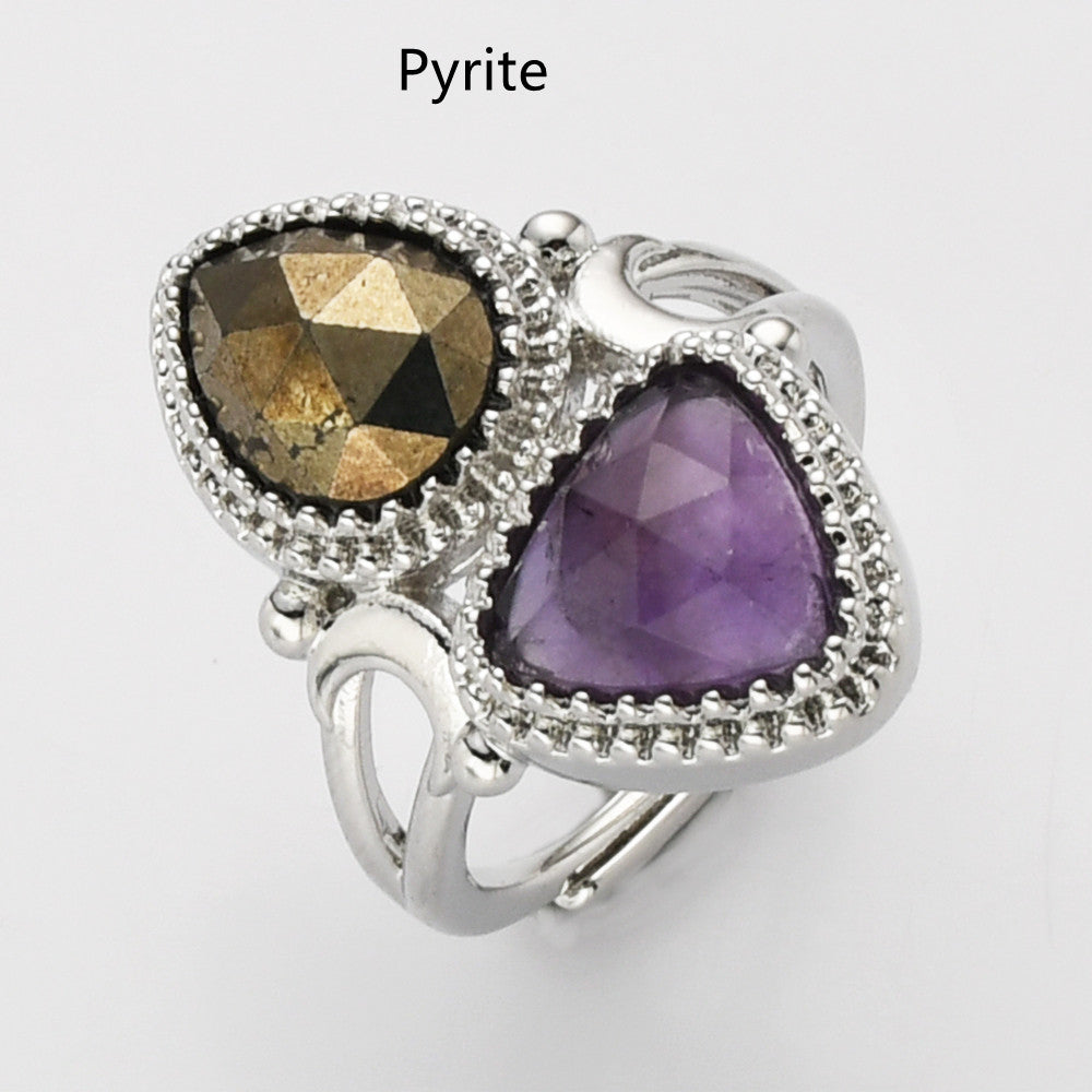 Pyrite Ring, Unique Triangle Amethyst & Teardrop Gemstone Ring, Silver Plated, Faceted Stone Ring, Adjustable, Crystal Jewelry WX2234
