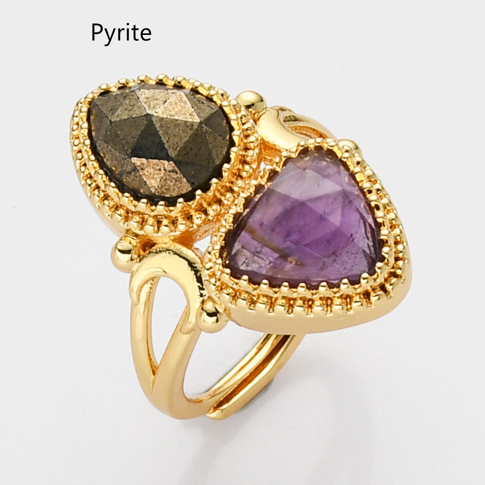 Gold Triangle Amethyst & Teardrop Gemstone Ring, Faceted Stone Ring, Adjustable, Unique Jewelry WX2231