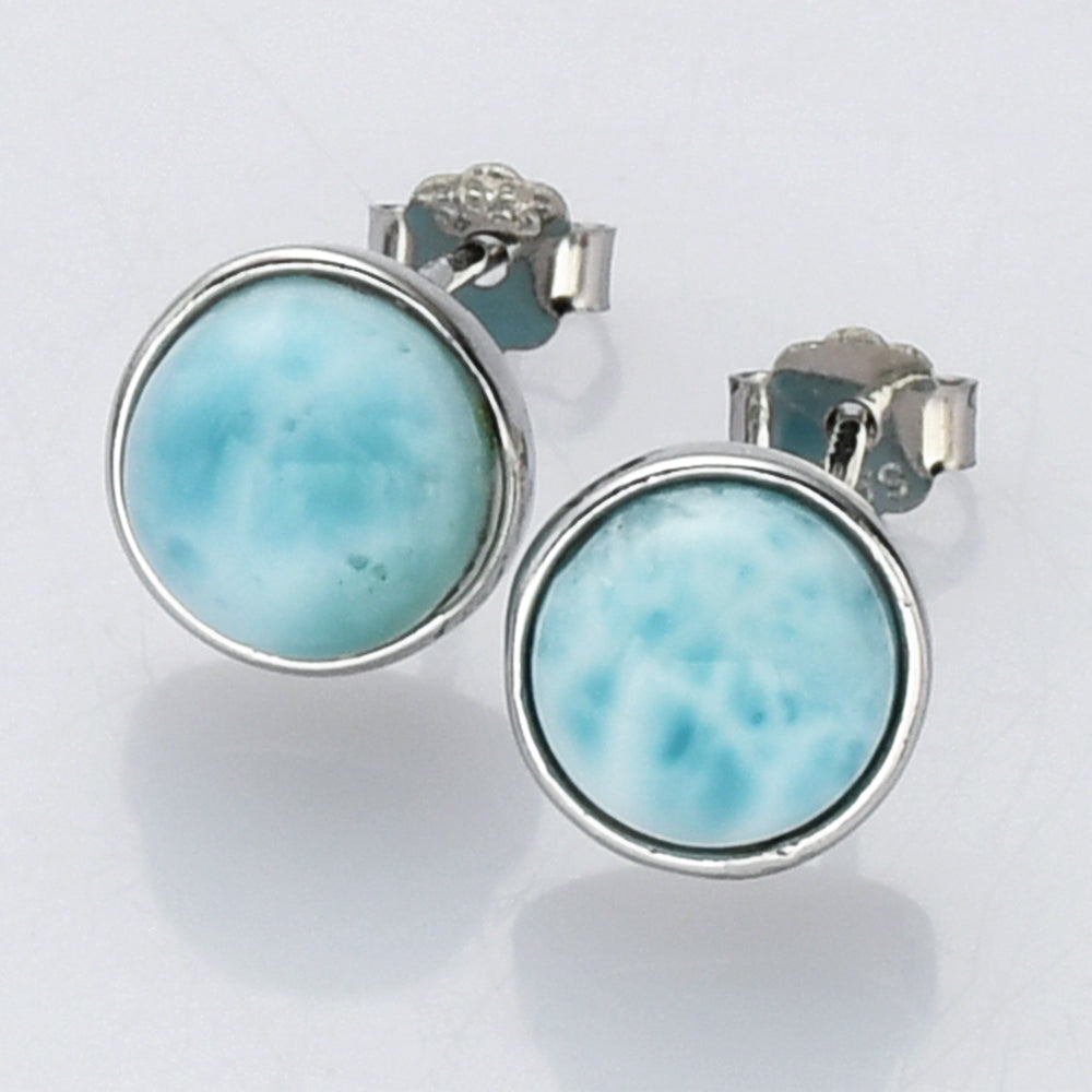 silver larimar stud earrings, round gemstone post earrings, birthstone earrings, healing stone earrings, boho jewelry