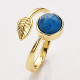 Gold Plated Leaf Round Gemstone Faceted Adjustable Rings, Natural Crystals Rings ZG0533