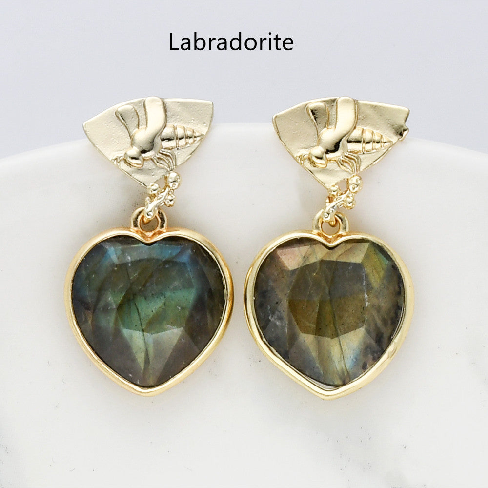 Labradorite Gemstone Heart Earrings, Gold Bee Studs, Faceted, Birthstone Earring, Healing Crystal Quartz Earring, Fashion Jewelry For Women