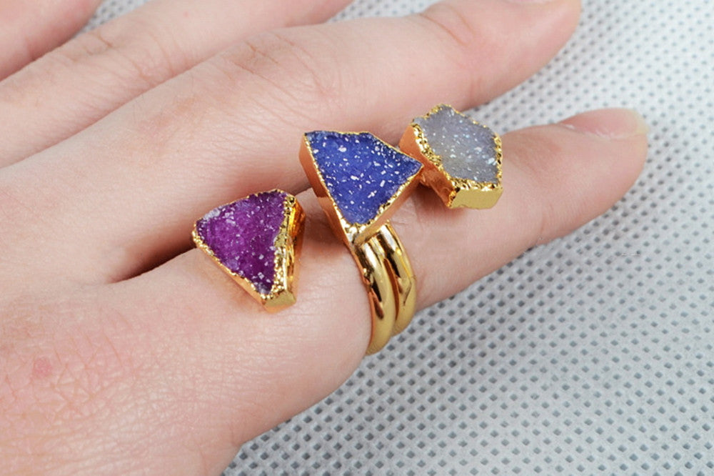 Gold Plated Rainbow Natural Agate Druzy Geode Ring, Adjustable 3-Stones Wrap Ring, Boho Jewelry G0112