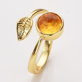 Gold Plated Leaf Round Gemstone Faceted Adjustable Rings, Natural Crystals Rings ZG0533