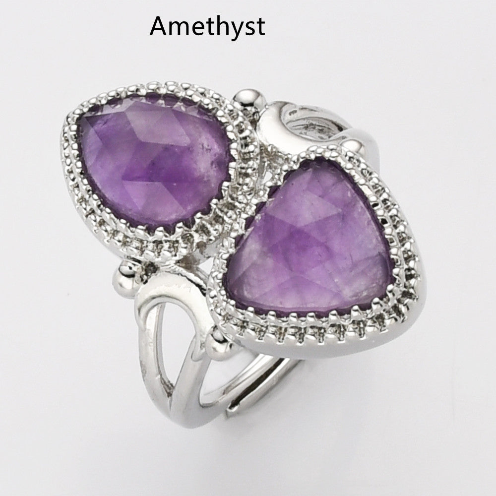Unique Triangle Amethyst & Teardrop Gemstone Ring, Silver Plated, Faceted Stone Ring, Adjustable, Crystal Jewelry WX2234