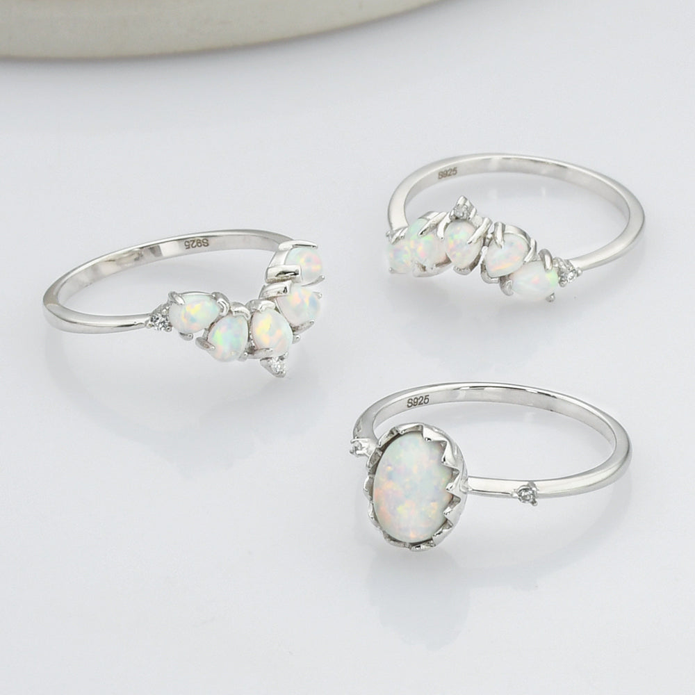 Unique Sterling Silver White Opal Three Piece Set Ring, CZ Pave, Fashion Jewelry SS272-6