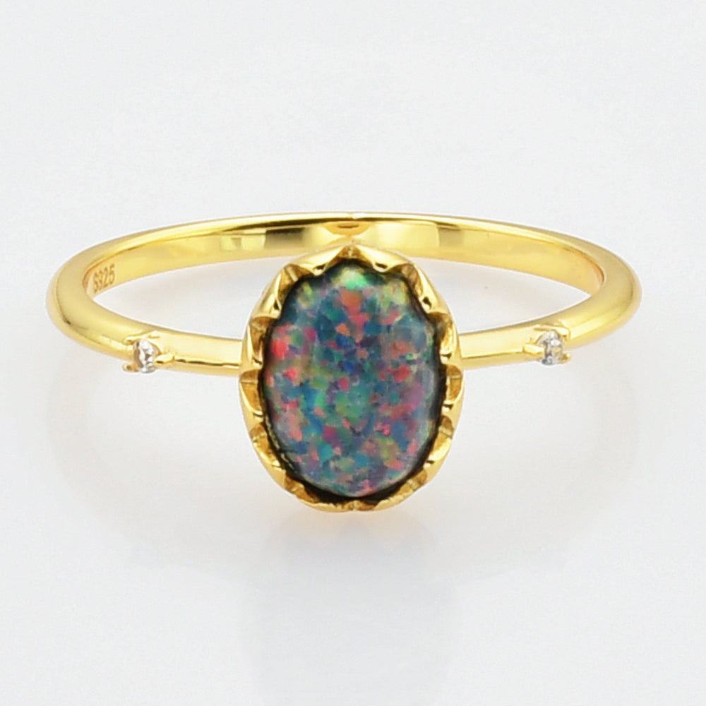 Gold Oval Black Opal Ring, Sterling Silver Ring, CZ Pave, Fashion Jewelry SS273-2
