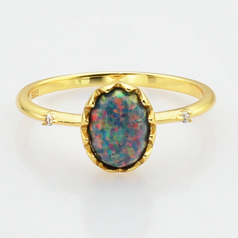 925 Sterling Silver Gold Oval Black Opal Ring, CZ Pave Fashion Jewelry SS273-2