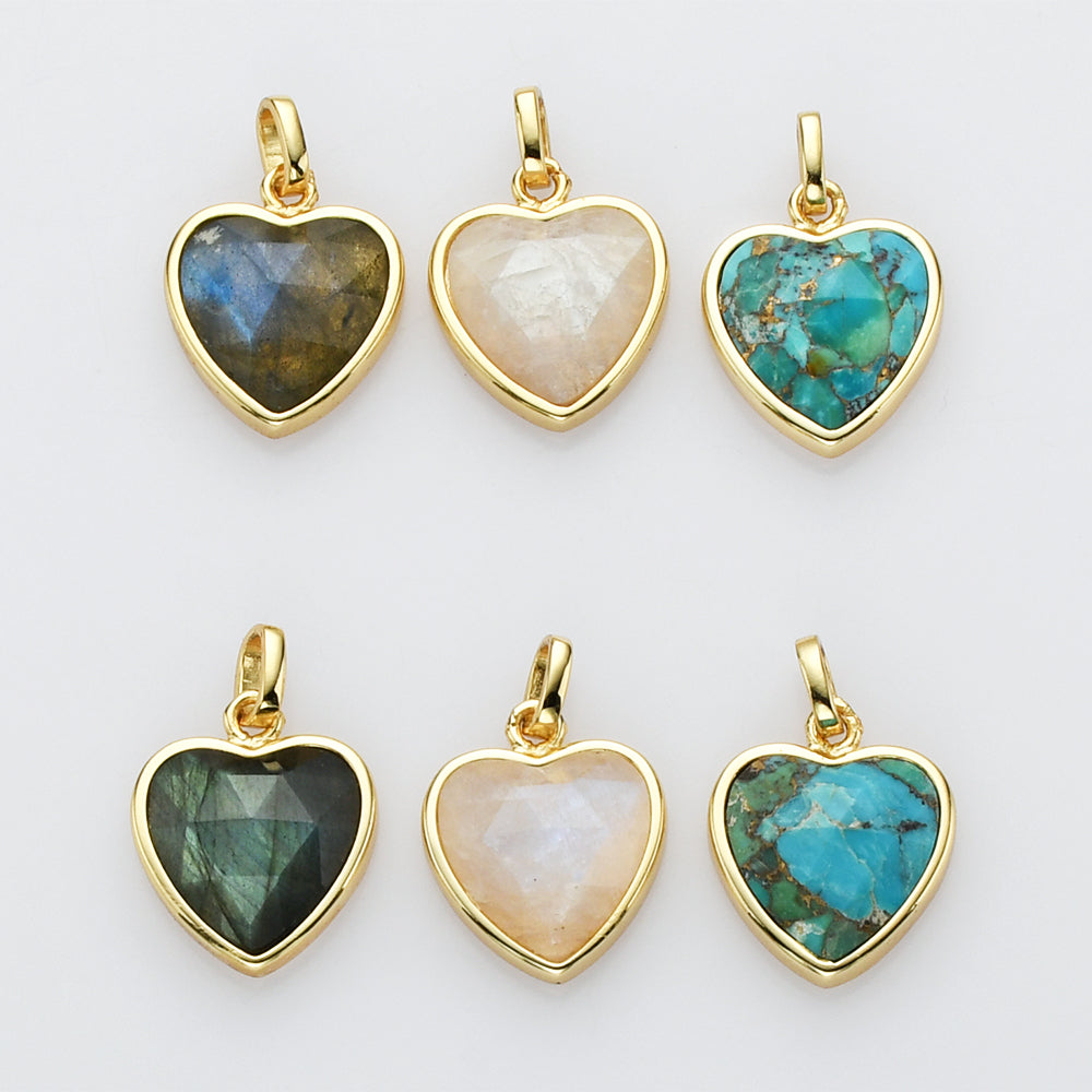 gemstone heart pendant , gold plated, faceted crystal pendant, charms, diy craft supply, moonstone labradorite copper turquoise pendant jewelry