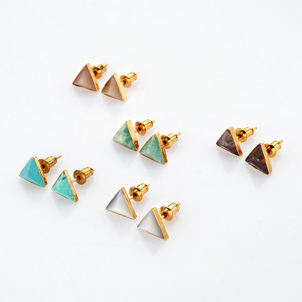 Gold Triangle Gemstone Faceted Stud Earrings, Healing Crystal Earring, Boho Jewelry G1300  birthstone jewelry