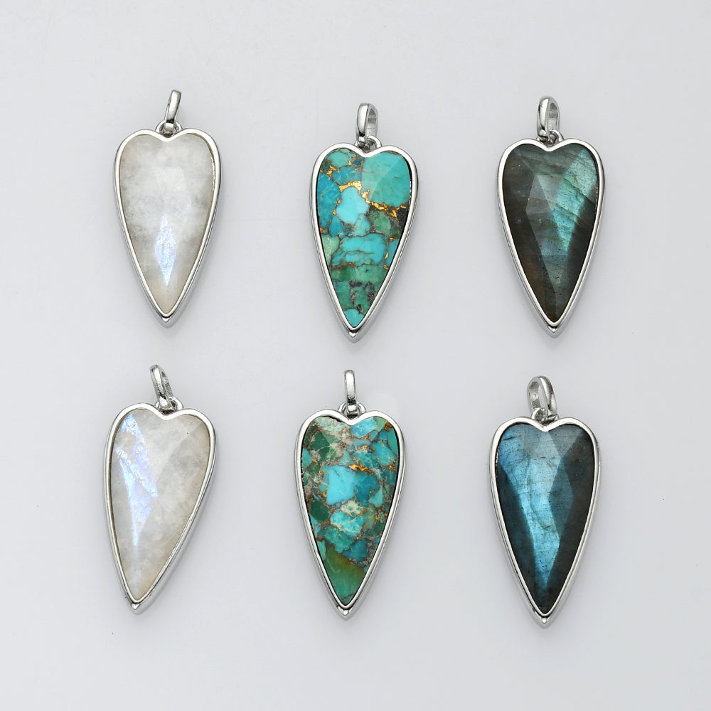 Long Heart Silver Gemstone Pendants, Faceted Moonstone Labradorite Copper Turquoise, Making Jewelry Pendant ZS0507
