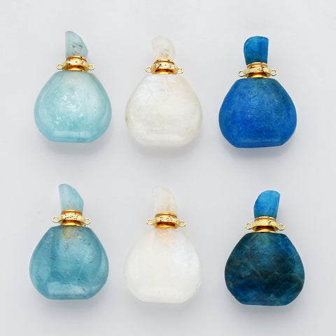 Natural Aquamarine, Moonstone, Apatite Perfume Essence Oil Bottle, 18K Gold Connector Boho Jewelry G1943