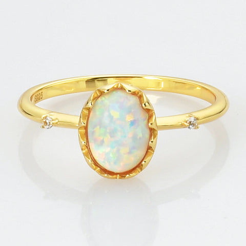 Gold Oval White Opal Ring, 925 Sterling Silver Ring, CZ Pave Jewelry Ring SS272-2