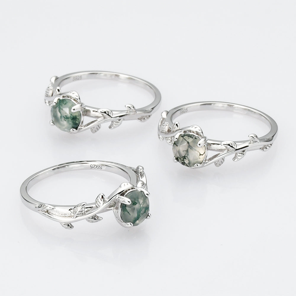 925 Sterling Silver Round Natural Moss Agate Statement Ring, Silver Leaf Ring SS268-2