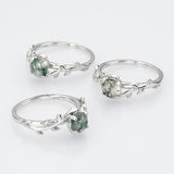 925 Sterling Silver Round Natural Moss Agate CZ Leaf Ring SS268-2