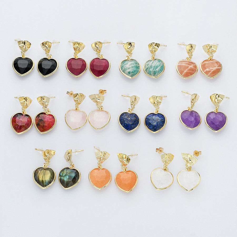 Gemstone Heart Earrings, Gold Bee Studs, Faceted, Birthstone Earring, Healing Crystal Quartz Earring, Fashion Jewelry For Women