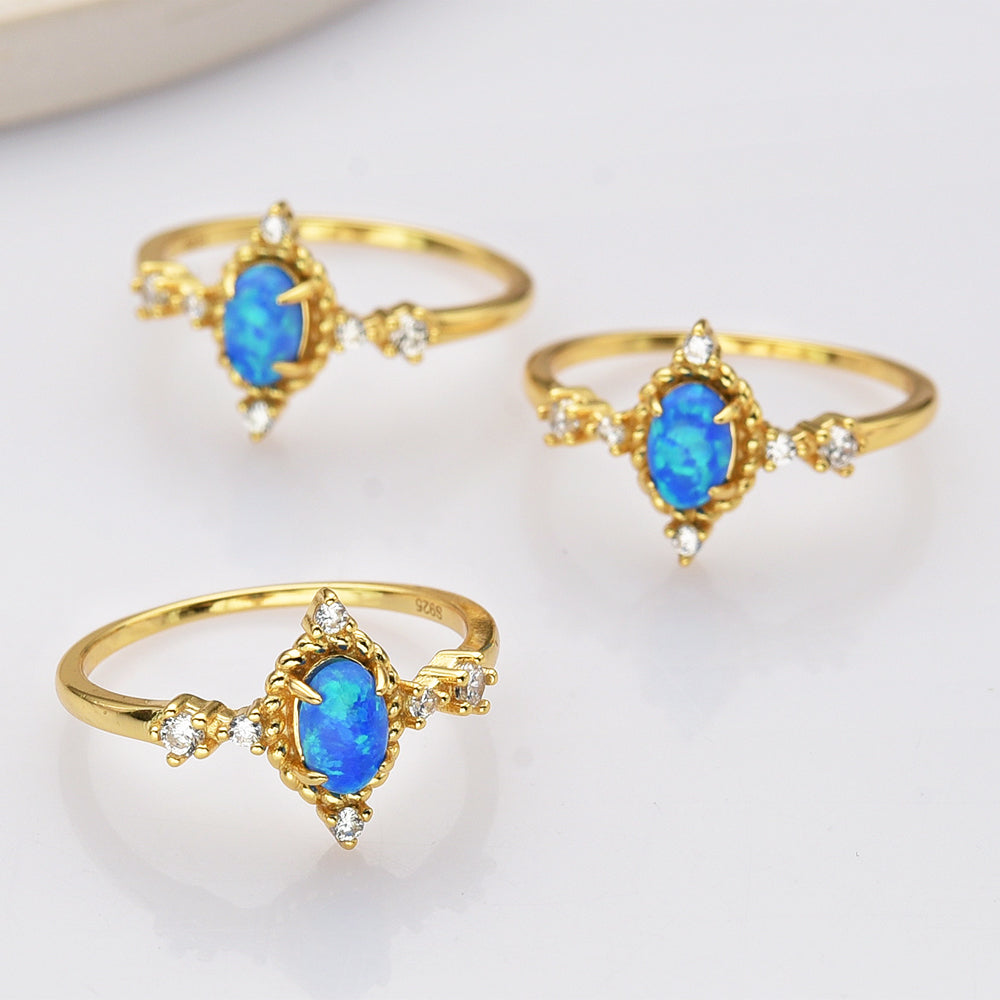 Gold Plated Oval Blue Opal Ring, 925 Sterling Silver, CZ Jewelry Ring SS287-2