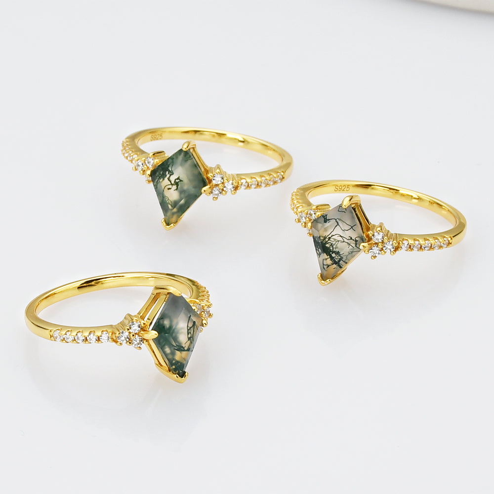 Gold Sterling Silver Diamond Natural Moss Agate Statement Ring, CZ Micro Pave Ring SS269-1