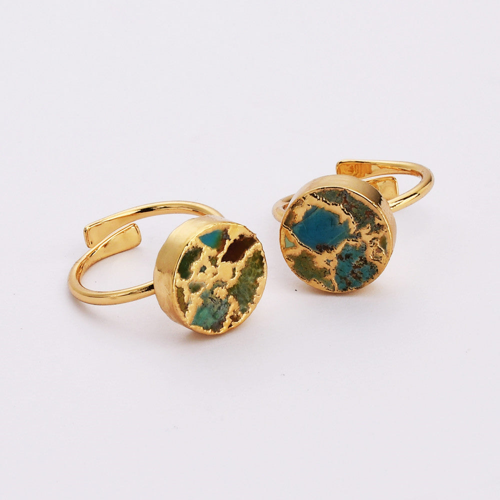 Gold Plated Geometric Natural Copper Turquoise Ring, Crescent Moon Star Heart Hexagon Ring ED002