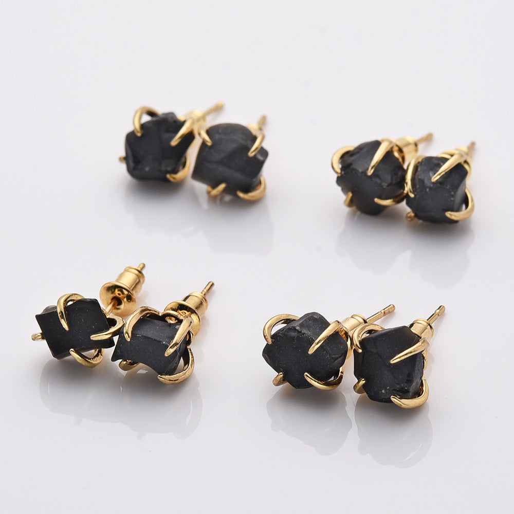 Gold Plated Claw Matte Black Obsidian Stud Earrings, Raw Gemstone Post Earrings AL787