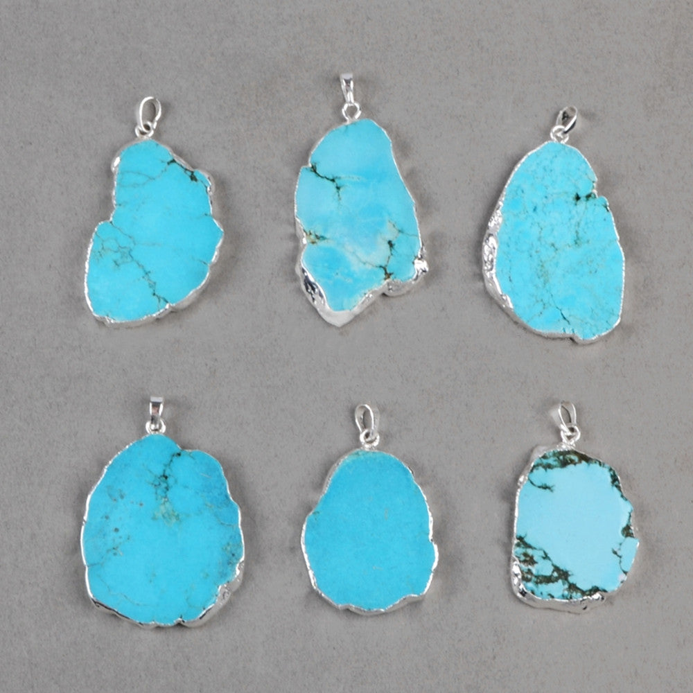 Silver Plated Freeform Blue Howlite Turquoise Slice Pendant, Aqua Stone Pendant S0180