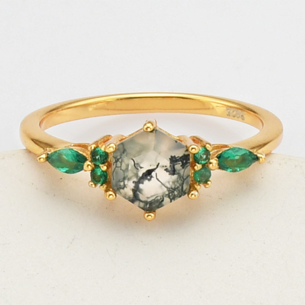 Gold Green Diamond Hexagon Moss Agate Ring, Sterling Silver Ring Jewelry SS275
