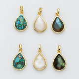 Gold Plated Teardrop Gemstone Pendant, Faceted Pear Crystal Stone Charm, Making Jewelry Craft ZG0508