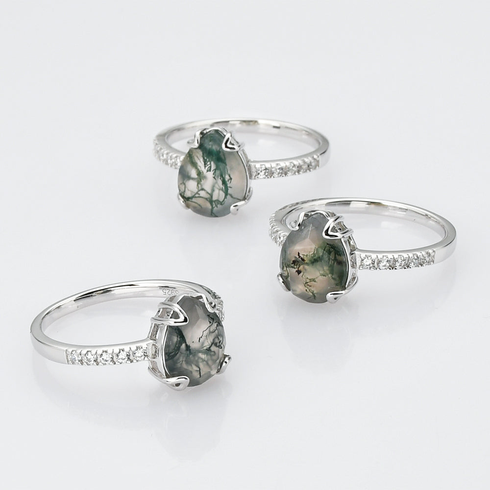 925 Sterling Silver Drop Natural Moss Agate Ring, CZ Micro Pave SS267-2