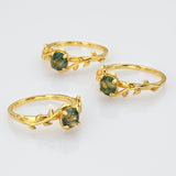 925 Sterling Silver Gold Round Natural Moss Agate Zircon Leaf Ring SS268-1