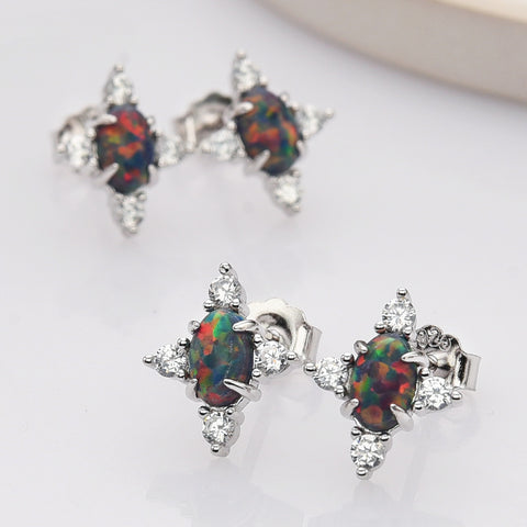 925 Sterling Silver Oval Black Opal Stud Earrings, CZ Pave, Fashion Gemstone Earrings Jewelry SS290-1