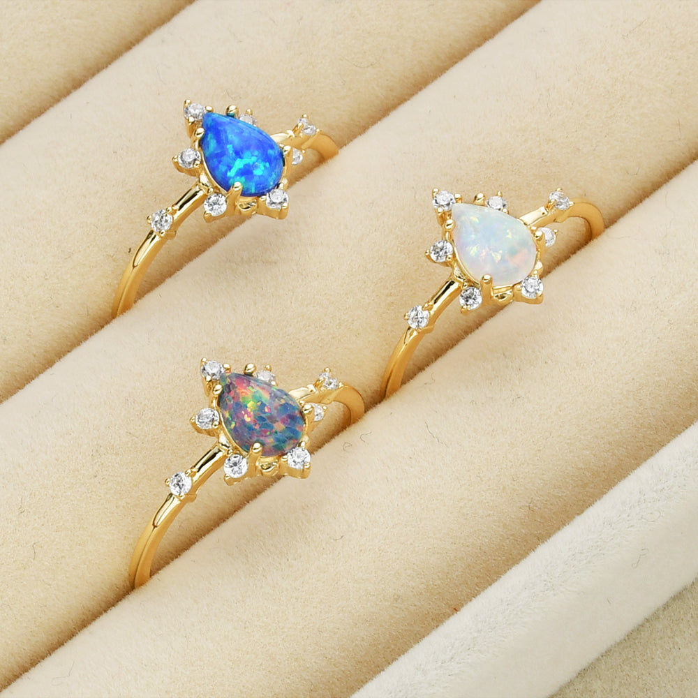 925 Sterling Silver Claw Opal Ring in Gold Plated, CZ Micro Pave, Teardrop Fire Opal Jewelry SS264