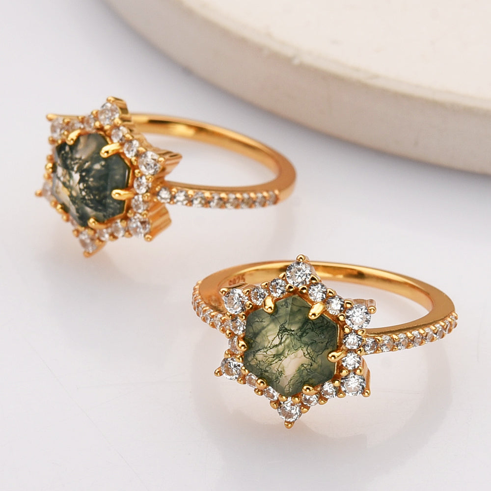 Gold Plated Hexagon Natural Moss Agate CZ Ring, 925 Sterling Silver Ring Jewelry SS291-1