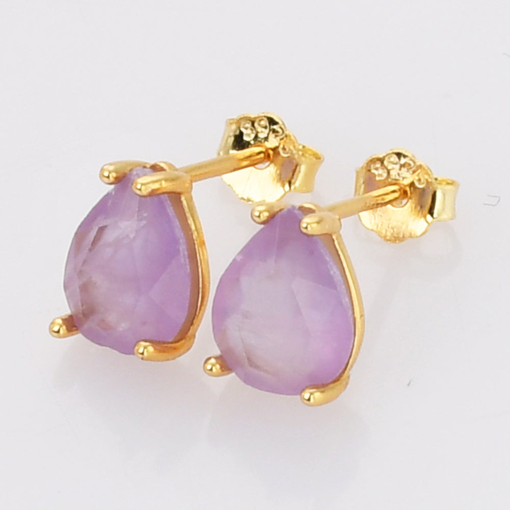 Gold Claw Teardrop Amethyst Stud Earrings, Faceted Gemstone Crystal Post Earring, Birthstone Jewelry SS247-1