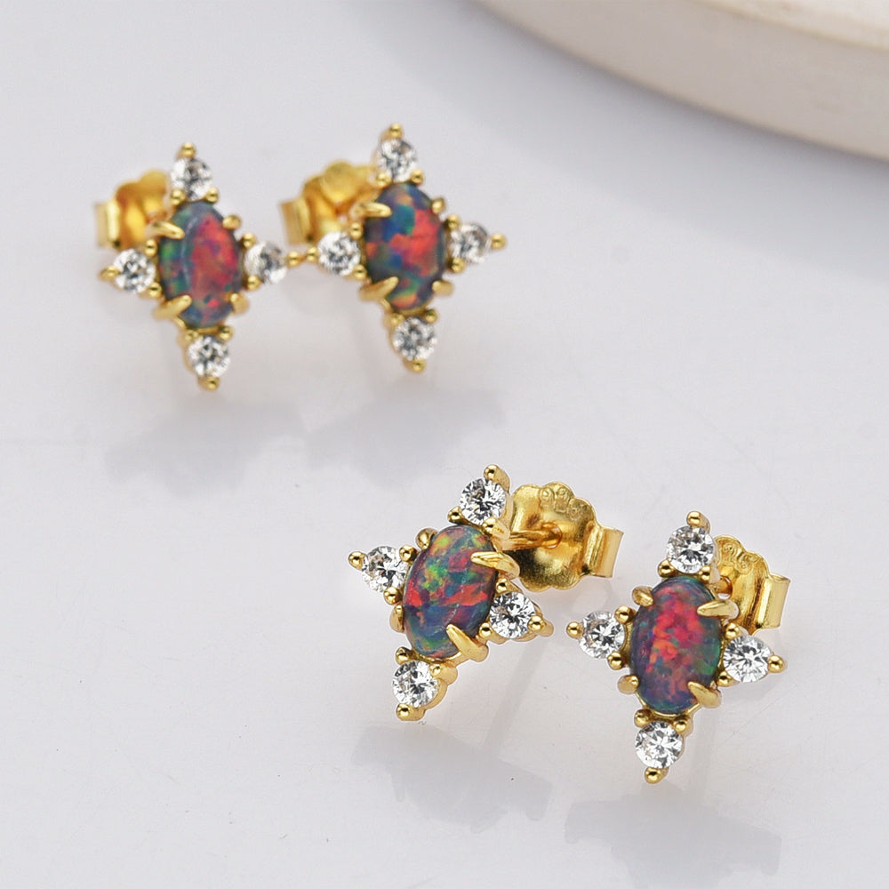 Gold Plated Oval Black Opal Stud Earrings, 925 Sterling Silver, CZ Jewelry Earrings SS289-1